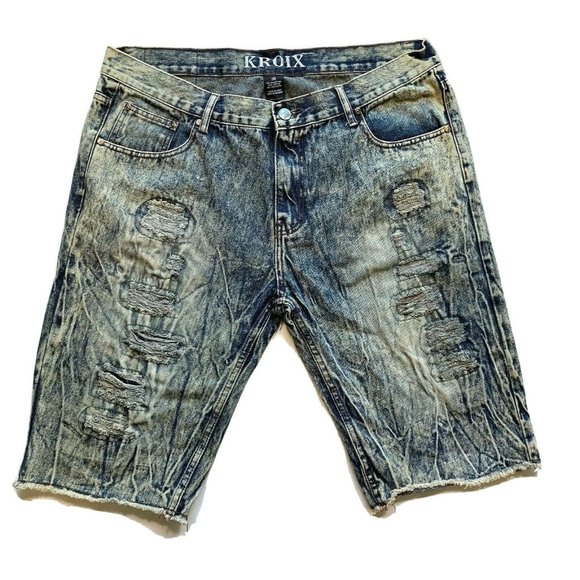 Kroix Jean Denim Shorts Mens 38x13.5 Distressed Acid‎ Wash Relaxed Faded Raw Hem - Picture 1 of 12